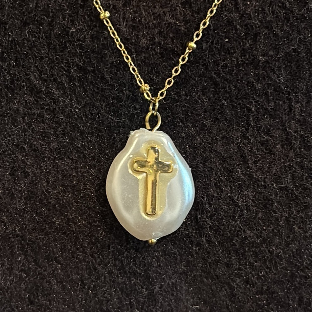 MIRA BAROQUE Necklace Faux PEARL Gold Chain Cross Pendant Dainty Stainless Steel